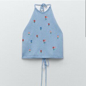 Zara Knit Embroidered Floral Halter Top